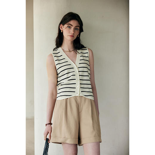 HeyDress条纹针织背心女夏季法式V领撞色设计感百搭通勤无袖上衣 商品图0