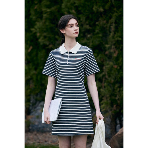 HeyDress条纹polo连衣裙女夏季翻领宽松直筒裙休闲小个子印花裙子 商品图1