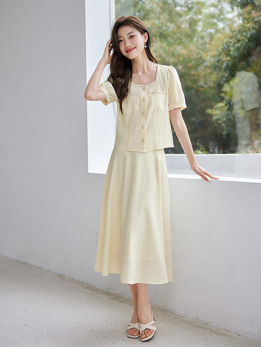 【专属特价】熙世界小香风时尚套装夏2025新款法式方领上衣半身裙两件套裙装 商品图2