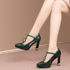 OLD3768防水台包头凉鞋女丁字带中空气质走秀高跟鞋尖头粗跟黑色漆皮绿色 商品缩略图0