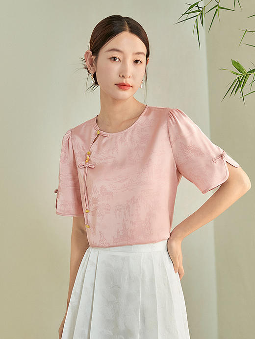 【专属特价】熙世界国风流苏斜门襟圆领提花衬衣女夏季小衫气质新中式半袖上衣 商品图3