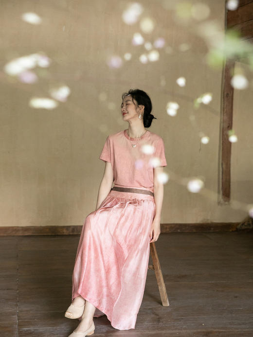 牧衣游原创汉麻棉炒色T恤女夏新款质朴做旧宽松圆领短袖上衣 听夏 商品图2