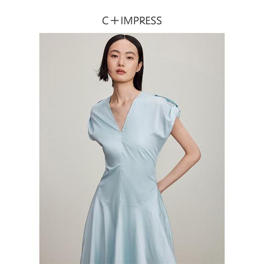 西嘉C+IMPRESS/西嘉精梳棉解构风v领连衣裙女夏优雅气质可调节袖子LYQ2401094 商品图3