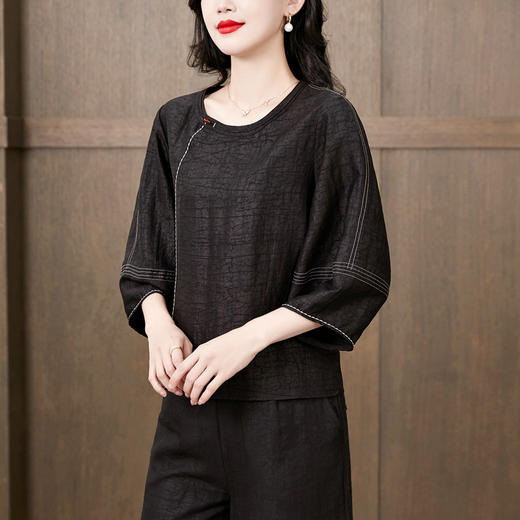 ASE春夏新款香云纱套装女年轻款两件套品牌宽松妈妈装大码真丝阔腿裤 商品图2