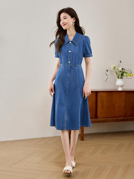 【专属特价】熙世界通勤职场港风牛仔连衣裙夏装新款泡泡袖法式鱼尾a字裙子 商品图1