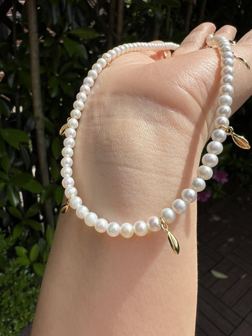 421-2 HF同款 事业有成 金叶子珍珠项链 4-4.5mmbaby珠 近正圆强光微瑕 商品图10