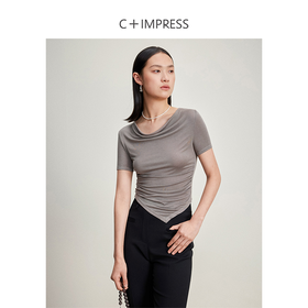 西嘉C+IMPRESS/西嘉醋酸天丝混纺荡领短袖T恤女夏褶皱收腰不规则下摆T2401068