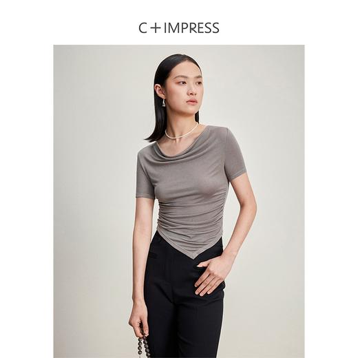 西嘉C+IMPRESS/西嘉醋酸天丝混纺荡领短袖T恤女夏褶皱收腰不规则下摆T2401068 商品图0