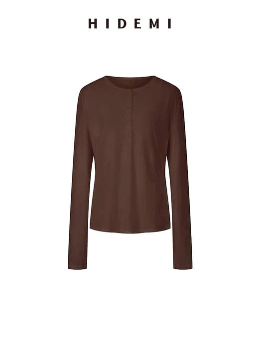 HIDEMI 【当当同款】圆领纽扣极简春夏松弛感亨利领自然棉长袖外穿宽松t恤女 商品图9