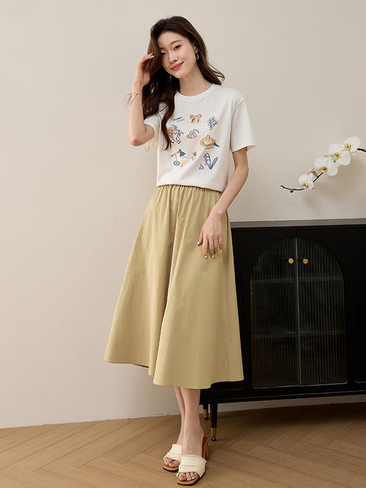 【专属特价】熙世界通勤卡其色a字半身裙2025夏装新款高腰伞裙中长裙子纯棉 商品图3