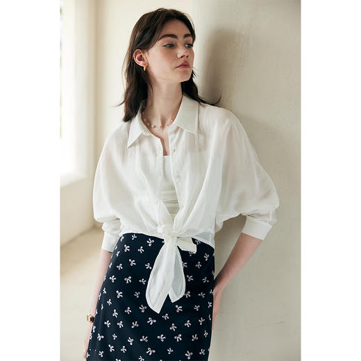 HeyDress连肩袖薄款衬衫女夏季宽松翻领系带衬衣百搭通勤防晒上衣 商品图0