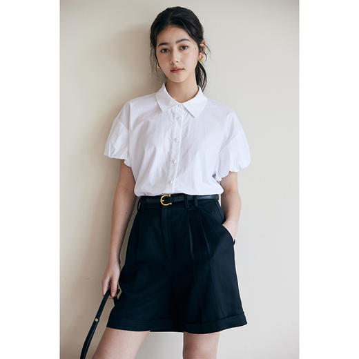 HeyDress白色翻领短袖衬衫女夏季法式复古宽松衬衣气质泡泡袖上衣 商品图0