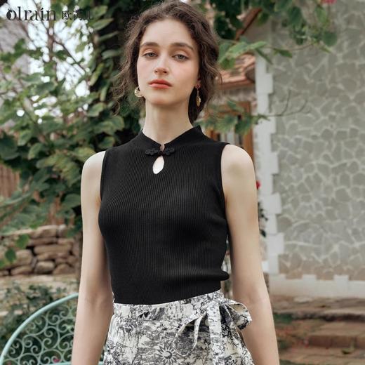 OLrain欧芮儿黑色国风针织衫女夏季2024年新款气质立领镂空上衣 商品图0