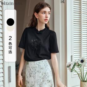 OLrain欧芮儿新中式黑色短袖T恤女夏季2024新款时尚立领刺绣上衣