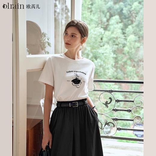 OLrain欧芮儿白色短袖T恤女夏季2024年新款宽松百搭印花上衣 商品图0