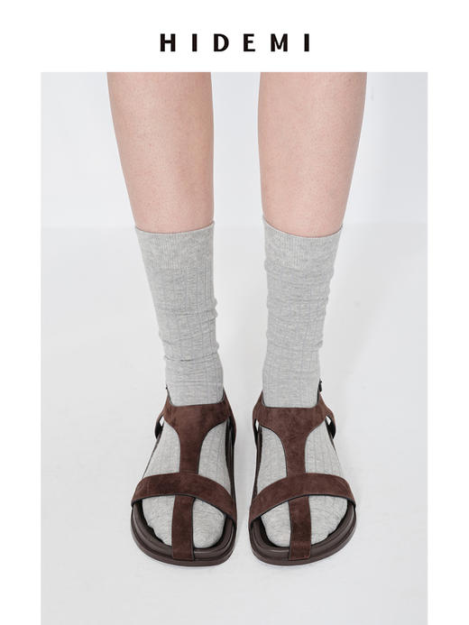 HIDEMI 极简交叉十字带厚底凉鞋 米色蜥蜴纹/乌木棕麂皮/白色羊皮 商品图10