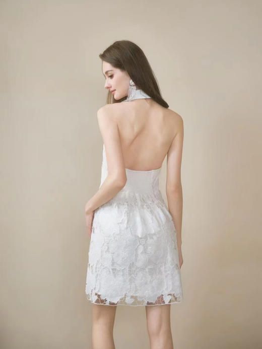 白色进口花朵蕾丝露背修身连衣裙 商品图1