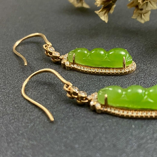 18K玫瑰金和田玉（碧玉）满钻耳饰--福豆/福豆26*27mm/总长36mm/苹果绿 商品图2