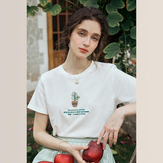 OLrain欧芮儿米白色短袖T恤女夏季2024新款宽松圆领钉珠趣味上衣 商品图1