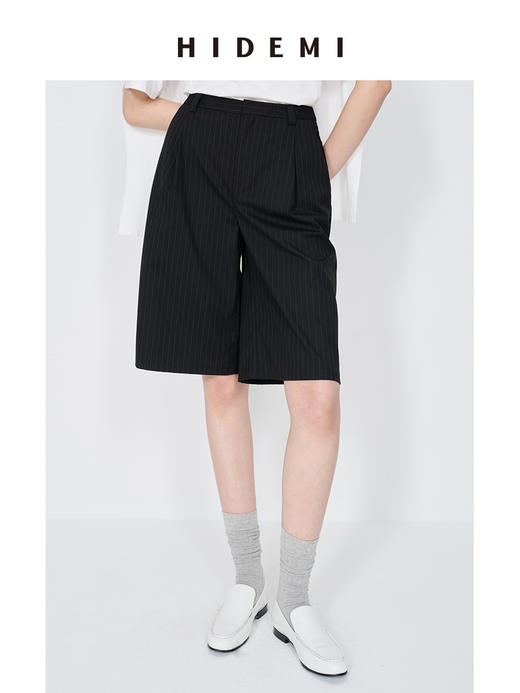 HIDEMI 极简细条纹压褶设计感宽松阔腿中低腰西裤中裤 灰色/黑色 商品图5