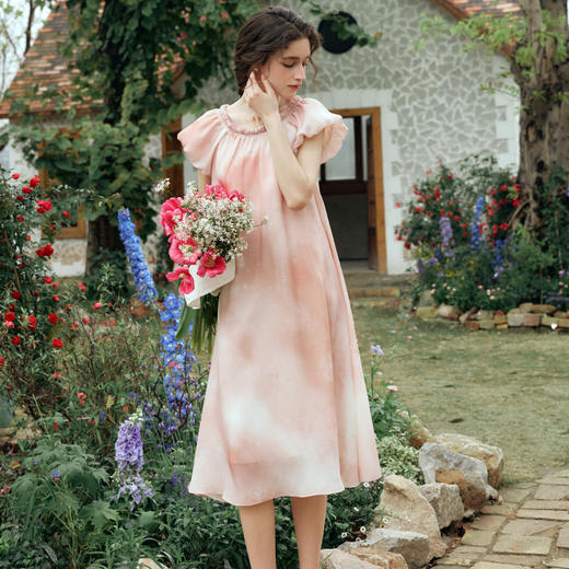 OLrain欧芮儿粉色连衣裙女夏季2024年新款浪漫温柔风印花长裙 商品图1