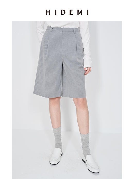 HIDEMI 极简细条纹压褶设计感宽松阔腿中低腰西裤中裤 灰色/黑色 商品图1