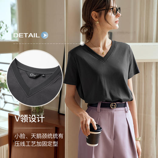 OLrain欧芮儿灰色短袖T恤女夏季2024年新款时尚V领百搭正肩上衣 商品图4