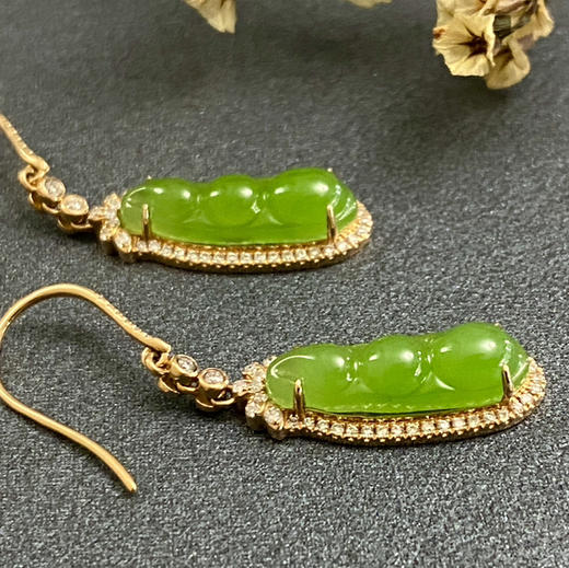 18K玫瑰金和田玉（碧玉）满钻耳饰--福豆/福豆26*27mm/总长36mm/苹果绿 商品图3