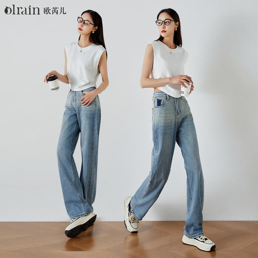 OLrain欧芮儿渐变蓝牛仔裤女夏季2024年新款时尚高腰直筒阔腿裤 商品图0