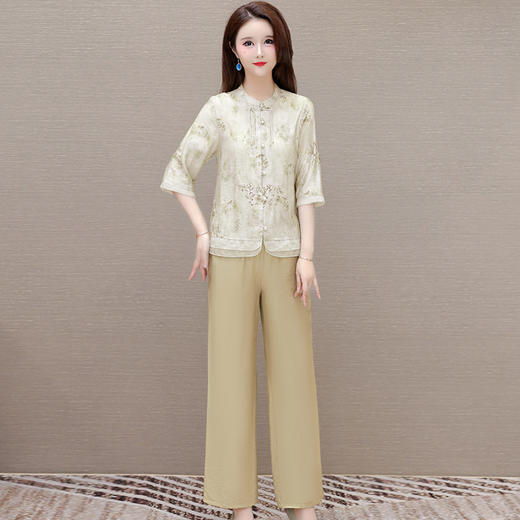 QYMKED-6436 -Y时尚两件套春夏新款中袖印花休闲裤直筒长袖宽松套装长裤子 商品图0