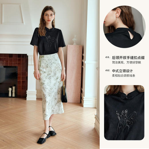 OLrain欧芮儿新中式黑色短袖T恤女夏季2024新款时尚立领刺绣上衣 商品图3