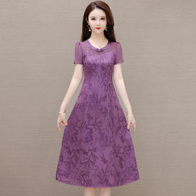 QYM-SSA417夏款印花中长款国风气质短袖连衣裙显瘦修身优雅时尚A字裙