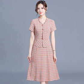 QYM-6432格纹连衣裙夏季新款短袖裙中长款拼结假两件时尚女装A字裙