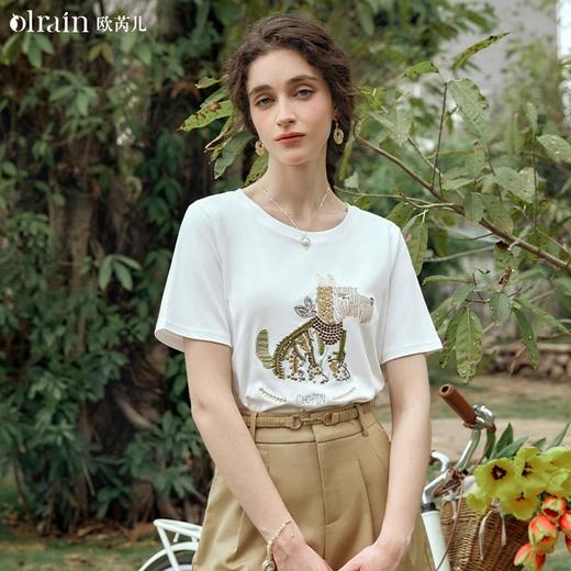 OLrain欧芮儿米白色宽松T恤女夏季2024新款圆领刺绣小狗趣味短袖 商品图0