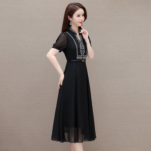 QYM-1809夏款长款修身显瘦黑色时尚雪纺裙短袖通勤垂感洋气连衣裙 商品图1