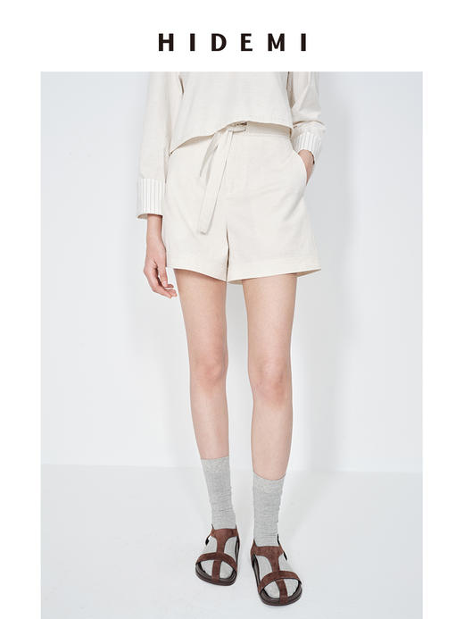 HIDEMI 极简水洗亚麻原色条纹卷边短款套装 上衣/短裤 商品图4