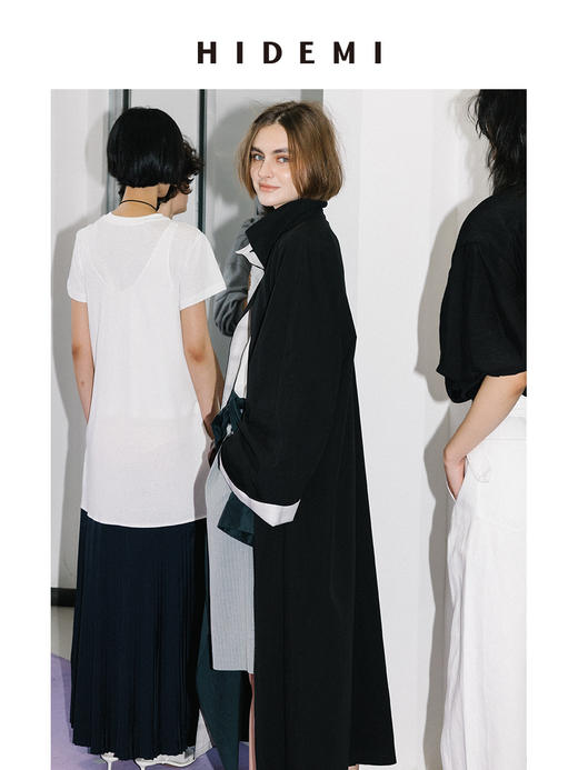 HIDEMI 极简细条纹压褶设计感宽松阔腿中低腰西裤中裤 灰色/黑色 商品图8