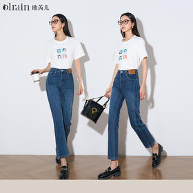 OLrain欧芮儿蓝色直筒牛仔裤女夏季2024年新款复古烟管九分裤