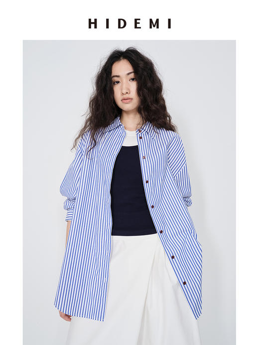 HIDEMI 极简蓝白条纹廓形宽松经典款衬衫 商品图0