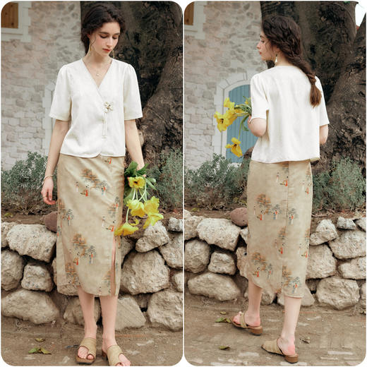 OLrain欧芮儿杏色V领雪纺衫女夏季2024新款气质高级感新中式上衣 商品图4