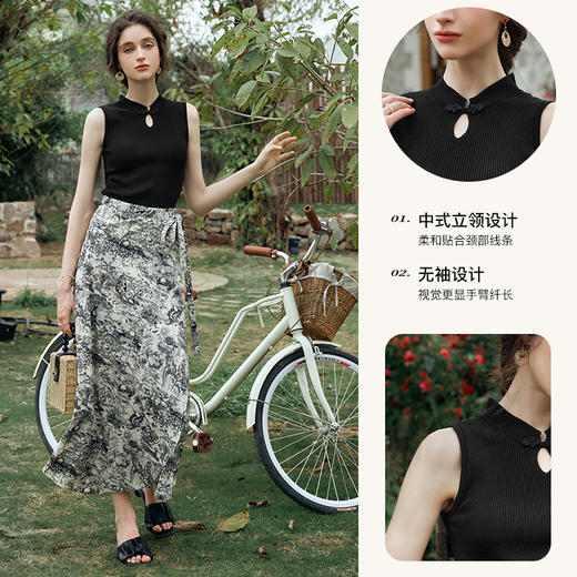 OLrain欧芮儿黑色国风针织衫女夏季2024年新款气质立领镂空上衣 商品图3