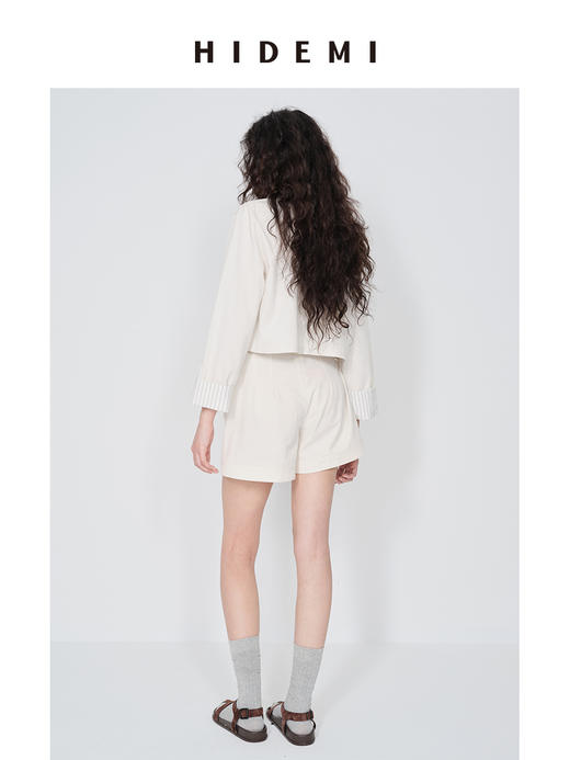 HIDEMI 极简水洗亚麻原色条纹卷边短款套装 上衣/短裤 商品图5