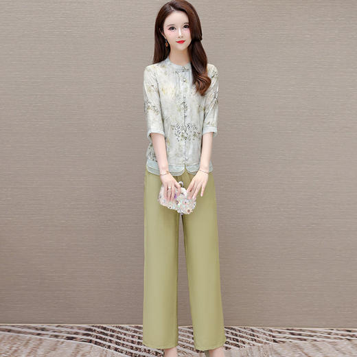 QYMKED-6436 -Y时尚两件套春夏新款中袖印花休闲裤直筒长袖宽松套装长裤子 商品图1