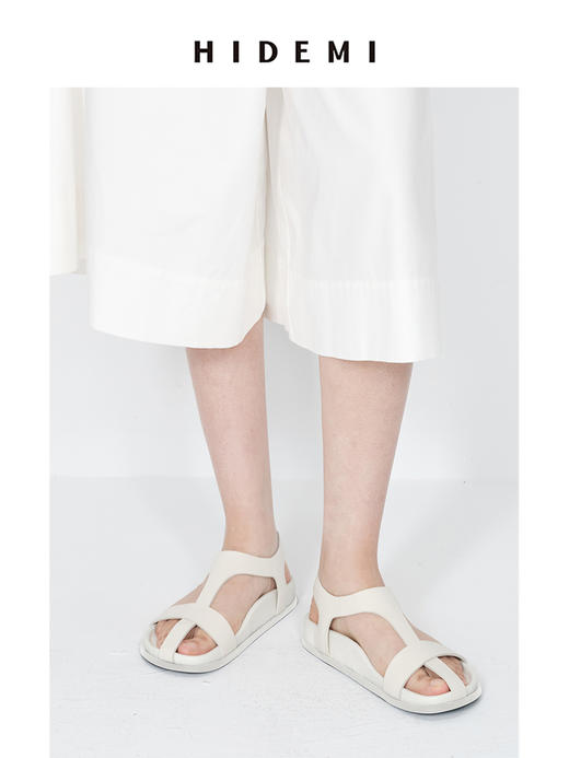 HIDEMI 极简交叉十字带厚底凉鞋 米色蜥蜴纹/乌木棕麂皮/白色羊皮 商品图14