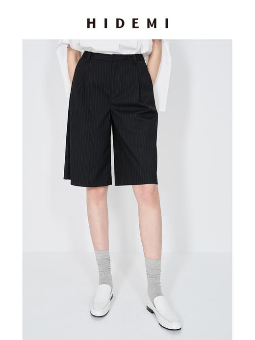 HIDEMI 极简细条纹压褶设计感宽松阔腿中低腰西裤中裤 灰色/黑色 商品图3