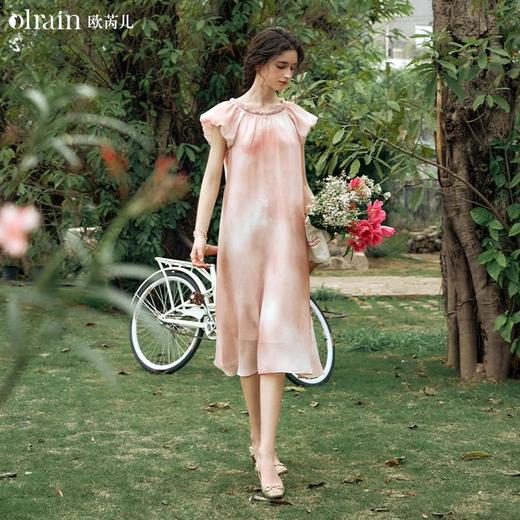 OLrain欧芮儿粉色连衣裙女夏季2024年新款浪漫温柔风印花长裙 商品图0