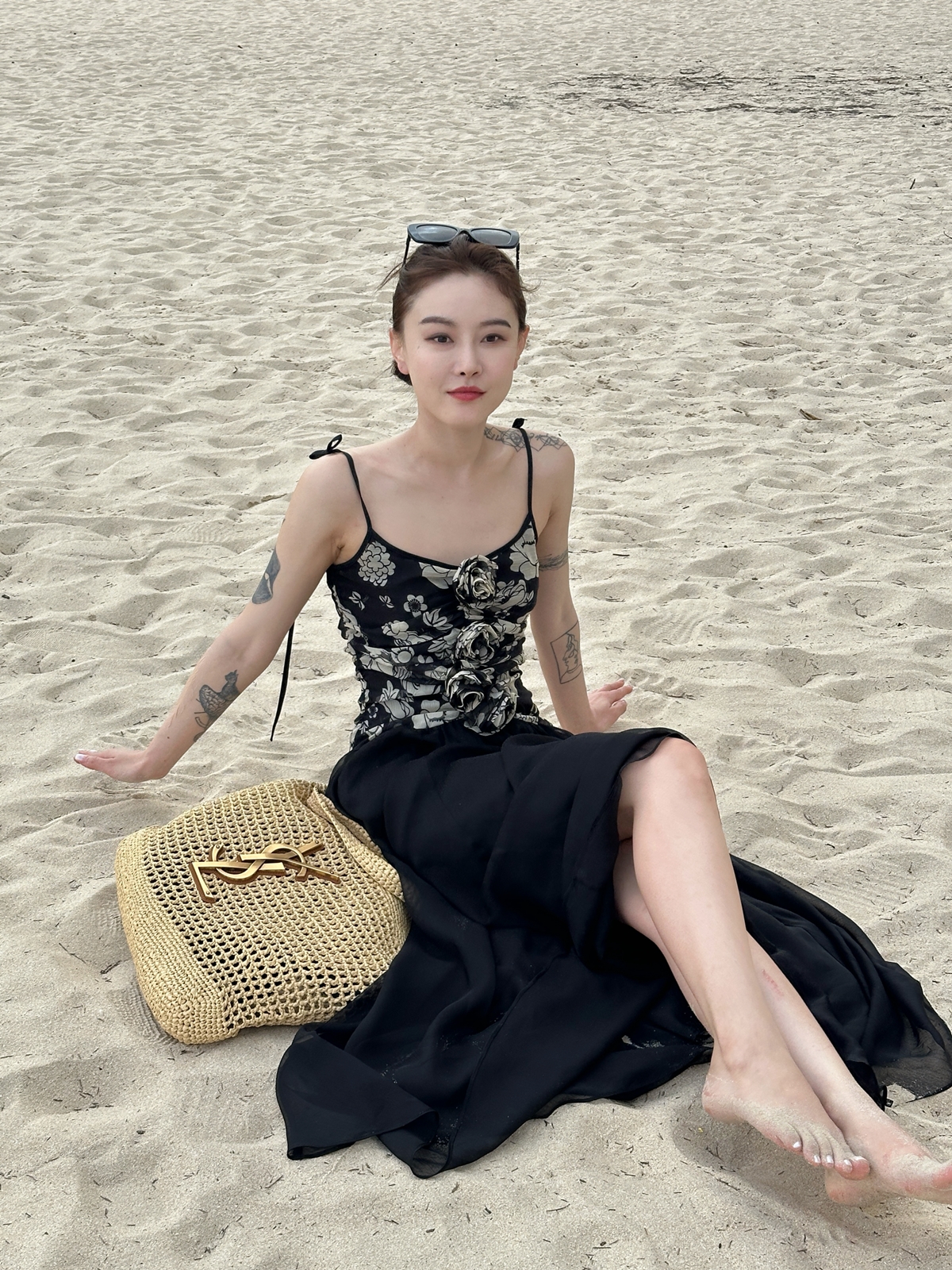 DUO智仙生 杜维埃的海边 琥珀山茶立体花卉褶饰雪纺度假长裙