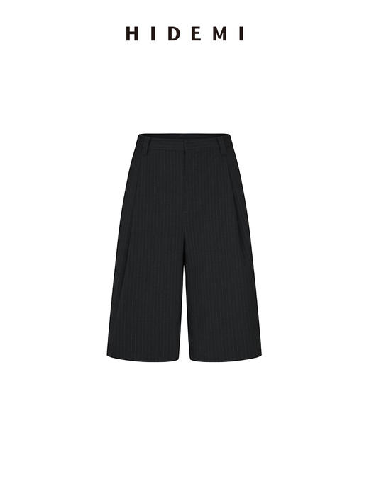 HIDEMI 极简细条纹压褶设计感宽松阔腿中低腰西裤中裤 灰色/黑色 商品图12