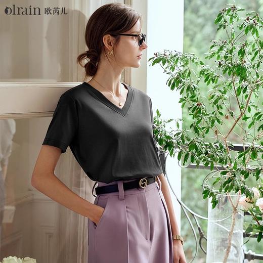 OLrain欧芮儿灰色短袖T恤女夏季2024年新款时尚V领百搭正肩上衣 商品图0