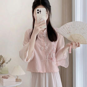 AHM-9486新中式国风改良宋制汉服元素高级感绣花粉色盘扣上衣半身裙两件套